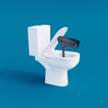 Surveillance camera comes out from the toilet, No secrets, no privacy concept on blue background 3d render