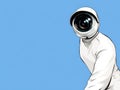Surveillance camera held by gloved hand on vibrant blue background representing security vigilance advanced monitoring systems