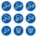 Surveillance Camera Icons in Blue Circle Backgrounds for Security Themes Royalty Free Stock Photo