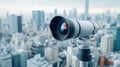 Surveillance Camera Mounted on Building Watching City Below. Royalty Free Stock Photo