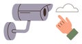 Hand pointing at cloud near surveillance camera, emphasizing security and technology integration Royalty Free Stock Photo