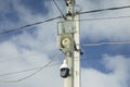 Surveillance camera on the pole. Outdoor Loudspeaker. Spotlight on a pole Royalty Free Stock Photo