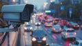 A surveillance camera tracking and automatically flagging vehicles with license plates on a watchlist.