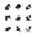 Surveillance camera usage black glyph icons set on white space Royalty Free Stock Photo