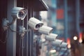 Surveillance cameras mounted in a row on a bulding wall monitoring busy city street. Generative AI illustration