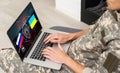 Surveillance and control of opposing information concept, Soldier in camouflage uniform working on laptop for