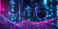 Surveillance dome camera monitoring cyberpunk city with neon matrix background