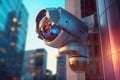 Surveillance futuristic camera on the wall. 3d render illustration