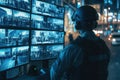 Surveillance Operator Monitoring Multiple Security Feeds in a High-Tech Control Room at Night with City Lights in Background for
