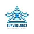 Surveillance security technology vision - logo design vector concept. Human eye in pyramid shape abstract sign. Masonic illuminati