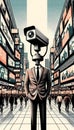 Surveillance Society Concept: CCTV Camera-Headed Man. Generative ai