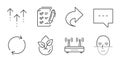 Survey checklist, Swipe up and Full rotation icons set. Wifi, Face recognition and Organic product signs. Vector