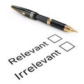 Survey Concept. Relevant or Irrelevant Checklist with Golden Fountain Writing Pen. 3d Rendering Royalty Free Stock Photo