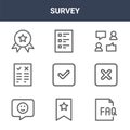 9 survey icons pack. trendy survey icons on white background. thin outline line icons such as faq, cancel, form . survey icon set