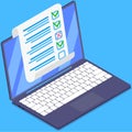 Survey, paper checklist, paperwork with data on computer, calendar. To do list, timetable