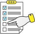 Survey, paper checklist, paperwork with hand pointing to data on clipboard. Working with information