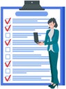 Survey, paper checklist, paperwork, woman stands with laptop at clipboard with data and marks