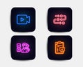 Survey progress, Opinion and Video camera icons. Checklist sign. Algorithm, Choose answer, Movie or cinema. Vector