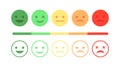 Survey rating satisfaction. Happy mood customer. Sad face feedback scale. Vector flat smiley set. Negative positive vote Royalty Free Stock Photo