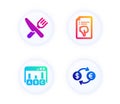 Survey results, Thumb down and Food icons set. Currency exchange sign. Best answer, Decline file, Cutlery. Vector