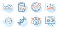 Survey results, Trade infochart and Confirmed icons set. Checklist, Presentation and Check investment signs. Vector