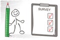 Survey vector concept. Stickman answer questions from the survey. Questionaire with checkboxes illustration Royalty Free Stock Photo