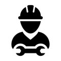Survey worker icon vector male construction service person profile avatar with hardhat helmet and wrench or spanner tool in glyph