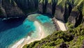 Aerial View of a Beach with Mountains in the Background on tropical island paradise at sunrise sunset