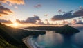 Aerial View of a Beach with Mountains in the Background on tropical island paradise at sunrise sunset