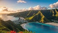 Aerial View of a Beach with Mountains in the Background on tropical island paradise at sunrise sunset