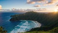 Aerial View of a Beach with Mountains in the Background on tropical island paradise at sunrise sunset