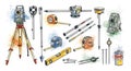 Surveying and Construction Measurement Tools Equipment Doodle Vector Illustration Set Royalty Free Stock Photo