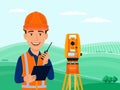 Surveyor, cadastral engineer, cartographer, cartoon smile character, theodolite, total station, surveying equipment. Royalty Free Stock Photo