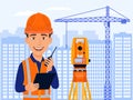 Surveyor, cartographer, cartoon smile character with total station and measurements equipment. City view, construction crane.. Royalty Free Stock Photo