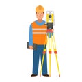 Cartoon surveyor with level, character for children. Flat vector illustration