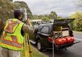 Surveyor checks his work on construction project Royalty Free Stock Photo