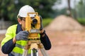 Surveyor Civil Engineer using equipment theodolite or total positioning station on the construction site