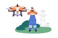 Surveyor engineer monitoring land, controlling with aerial surveying drone. Topography worker piloting UAV for remote