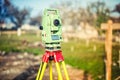 Surveyor engineering equipment with theodolite and total station at a construction site