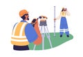 Surveyor engineers work with geodetic equipment. Building workers with theodolite, levelling pole and walkie-talkie Royalty Free Stock Photo