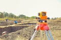 Surveyor equipment GPS system outdoors at the archaeological site. Surveyor engineering with surveying equipement