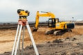 Surveyor equipment tacheometer or theodolite outdoors at construction site