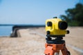 Surveyor equipment tacheometer or theodolite outdoors at construction site Royalty Free Stock Photo