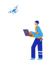 Surveyor man character in special suit and helmet controls drone via laptop flat style