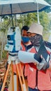 the surveyor is monitoring the geodetic measuring instrument.