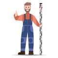 Surveyor with a rake in a blue jumpsuit and a coral jacket. Vector illustration