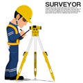 A surveyor is recoding data from the optical level on transparent background