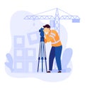 Surveyor with transit theodolite at construction site vector illustration. Engineer operating electronic distance Royalty Free Stock Photo