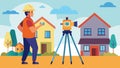 A surveyor using a theodolite to measure and mark the exact location of each home on the site.. Vector illustration.