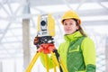 Surveyor works with theodolite Royalty Free Stock Photo